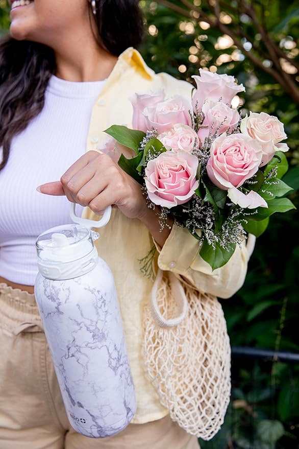 Ello Cooper 40oz Stainless Steel Water Bottle with Straw and Carry Handle, Double Walled and Vacuum Insulated Metal, Leak Proof Locking Lid with Soft Silicone Spout, Reusable, BPA Free, White Marble