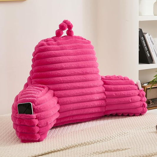 Faux Fur Fluffy Hot Pink Reading Pillow with Pockets, Luxury Striped Plush Decorative, Arm Rests and Back Surport for Bed Rest, Lounging on sofa, Standard