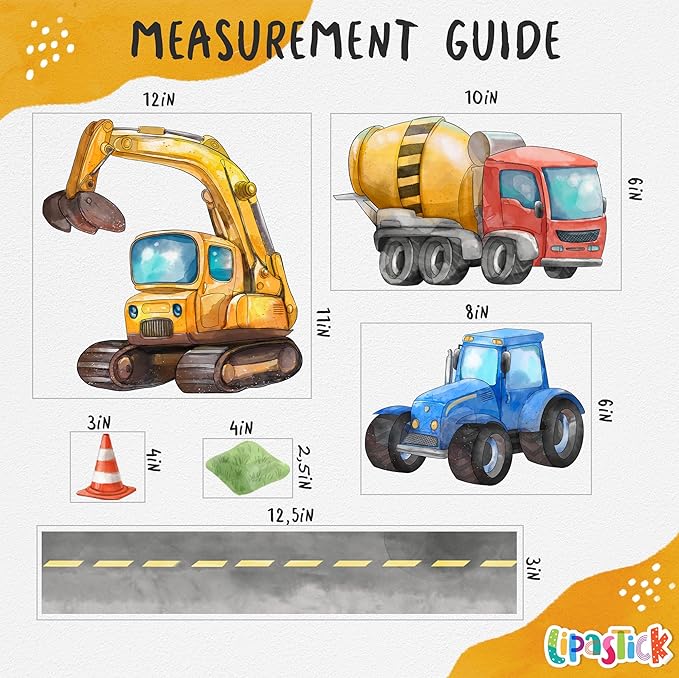 Large Car Wall Decals for Kids by Lipastick - 58 pcs Transports Wall Stickers Peel and Stick Truck Stickers – Construction Cars Wall Decals - Tractor Excavator City Nursery Playroom Wall Décor L Size