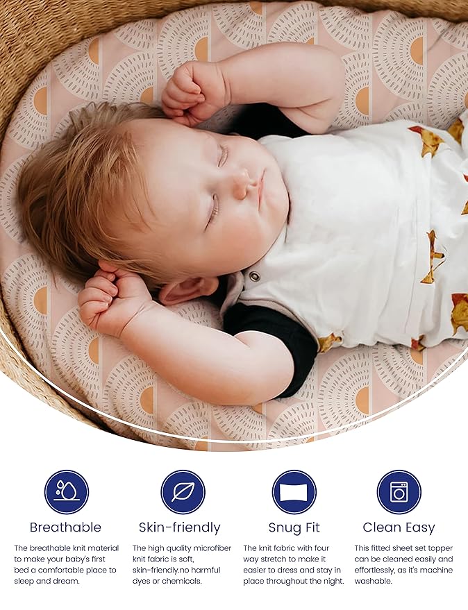 Bassinet Fitted Sheets Boho Rainbow for Baby Boys Girls, TotAha Premium Soft Cradle Sheets, Compatible with Halo, Mika Micky, Baby Delight, Dream On Me, 4moms, Maxi COSI, and Other Bassinet