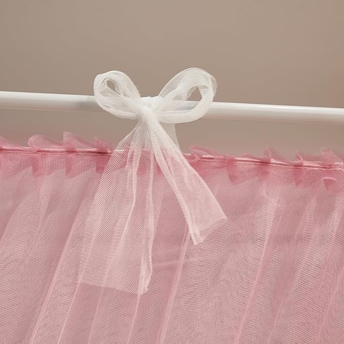 4 Corners Post Princess Curtain Bed Canopy Lace Up Double Layer 4 Opening Mosquito Net Mesh for Girls Bedroom Decoration(Pink/White, 64" W*82" L*82" H/Queen)
