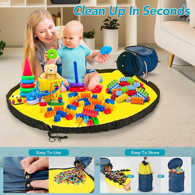 Toy Storage Basket and Play Mat for Kids - Foldable Toy Storage Organizer Bins with Lids - Kids Toy Box Chest for Building Blocks, Boys, Girls, Nursery, Playroom, 12.6''x12.6''x15.5''(Blue)