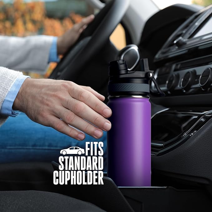 Insulated Water Bottle with Straw and Handle 22 oz-Stainless Steel Water Bottles with Straw, Dual Cap Function & Sleeve, Keeps Drinks Hot Up to 12 Hours & Cold Up to 24 Hours (Purple)
