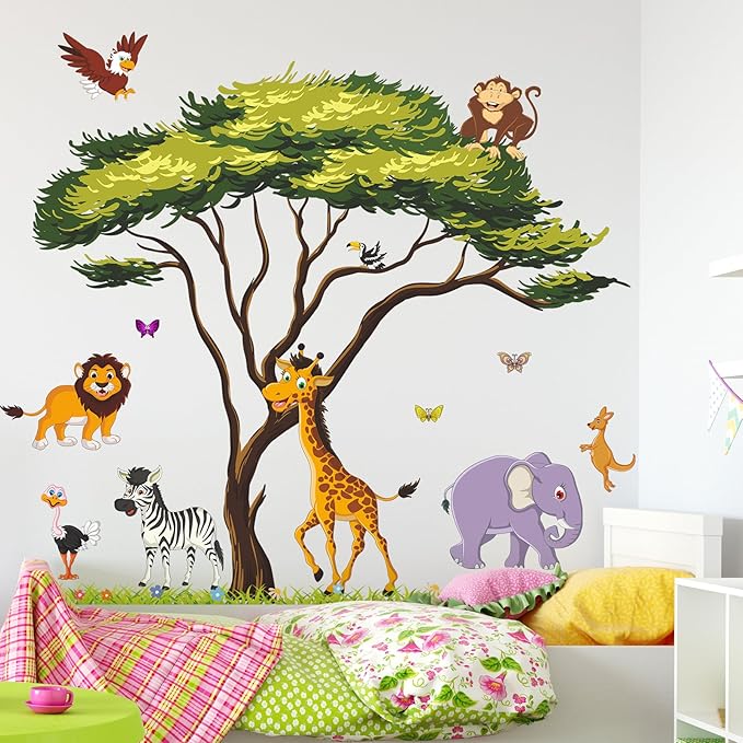 Jungle Animals Tree Wall Decals Woodland Animals Large Tree Wall Stickers Lion Elephant Zebra Safari Wall Sticker Removable DIY Peel and Stick for Kids Baby Bedroom Living Room Mural Decor