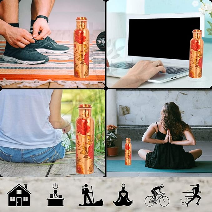 Pure Copper Water Bottle - Handcrafted - Ayurveda health benefits - Large 35 oz - Leak proof, Easy to carry for Sports, Fitness, Yoga, School - Natural Copper Finish Floral Colorful Enamel