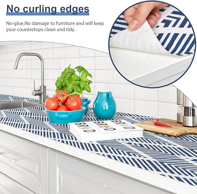 Shelf Liners for Kitchen Cabinets Non-adhesive, 24inx23.62FT Drawer Liner Non Slip Shelf Paper, Waterproof Easy to Clean Surface, Thicken Strong Grip for Pantry Cupboard Dresser Mat,Blue Stripe