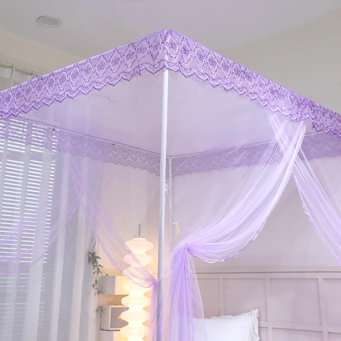 Bed Canopy, Princess Bed Curtain Net for Girls & Adults，Three-Doors Rectangle Lace Dome Netting (Purple, Queen)