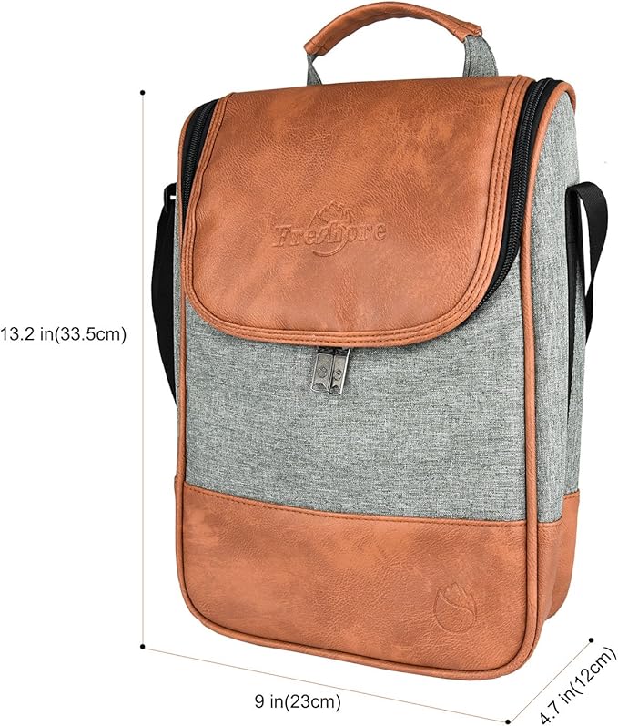 Freshore® Wine Leather Tote Cooler Insulated Bag - Luxury 2 Bottle Carrier Design For Lunch/Travel - Idea Gift For Women/Man