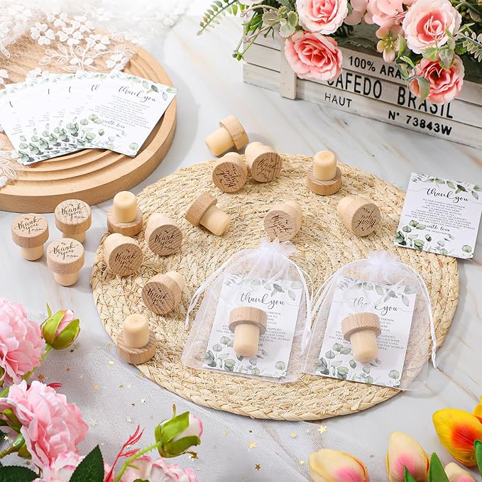 Barydat 50 Sets Wedding Favors for Guests Bulk Engraved Wood Wine Bottle Corks Wine Stopper with Wedding Thank You Cards and Organza Bags Wedding Appreciation Gifts for Guest Thank You Gifts (Stylish)