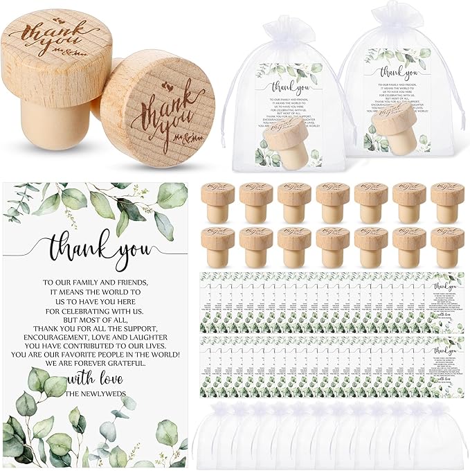 Barydat 50 Sets Wedding Favors for Guests Bulk Engraved Wood Wine Bottle Corks Wine Stopper with Wedding Thank You Cards and Organza Bags Wedding Appreciation Gifts for Guest Thank You Gifts (Stylish)