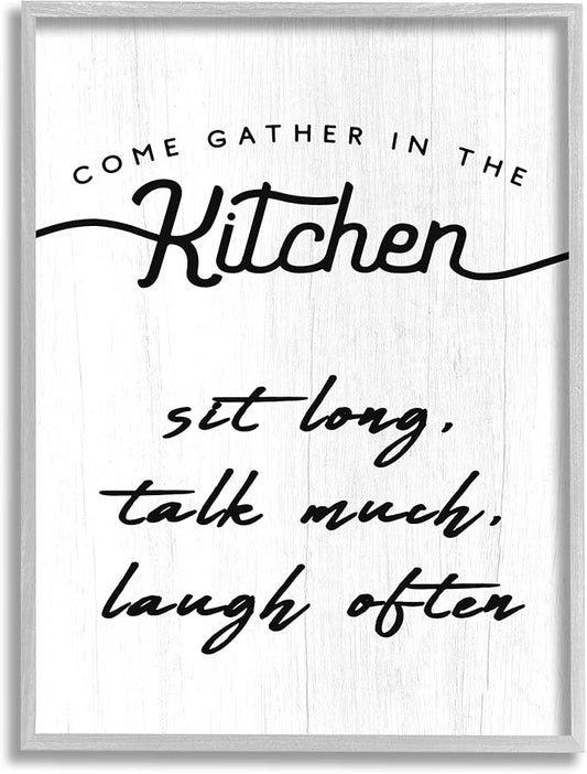 Stupell Industries Kitchen Gathering Sign Minimal Sit Talk Laugh Phrase, Designed by Daphne Polselli Gray Framed Wall Art, 16 x 20, Off- White