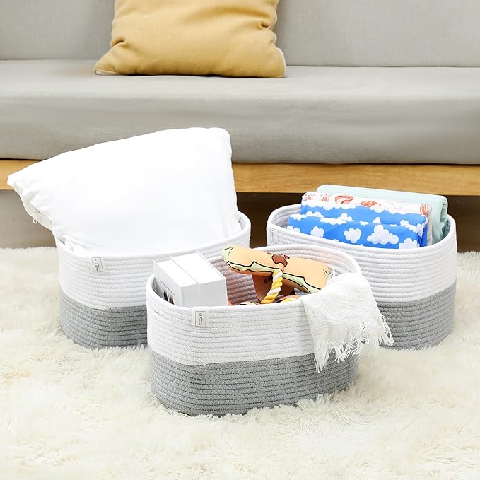 Washable Woven Storage Baskets for Organizing - 3-Pack Cotton Rope Basket with Handles - Decorative Storage Bins, Storage Baskets for Shelves, Nursery Storage Bins, Cube Baskets - White & Grey