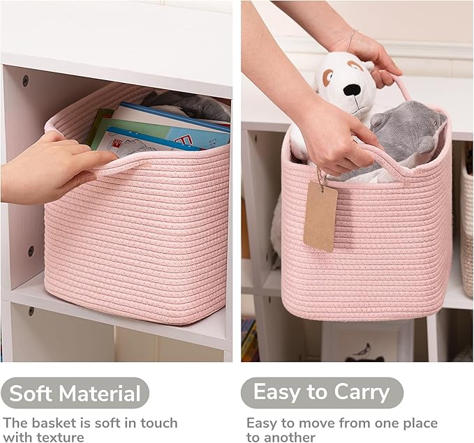 Goodpick Woven Storage Basket for Shelves, Small Baskets for Organizing, Rectangle Baby Nursery basket, Towel Baskets for Bathroom, Living Room, 13 x 10 x 9 Inches, Light Pink