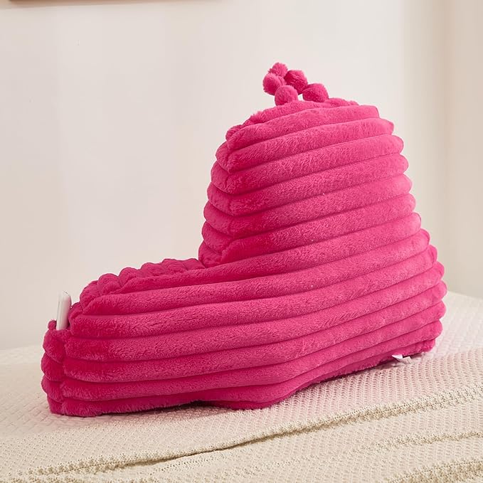 Faux Fur Fluffy Hot Pink Reading Pillow with Pockets, Luxury Striped Plush Decorative, Arm Rests and Back Surport for Bed Rest, Lounging on sofa, Large