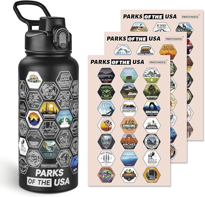 National Parks Water Bottle with Stickers and Straw,32oz Double Wall Vacuum Wide Mouth Insulated Water Bottle for Travel,BPA-free and Leak-proof (32oz,Black)