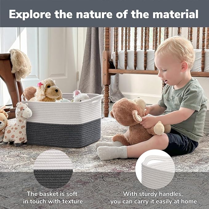 Goodpick Woven Storage Basket for Shelves, Baskets for Organizing, Cotton Rope Basket with Handles, Rectangle Basket for Baby Toy Storage, 13 x 10 x 9 Inches, White & Dark Grey