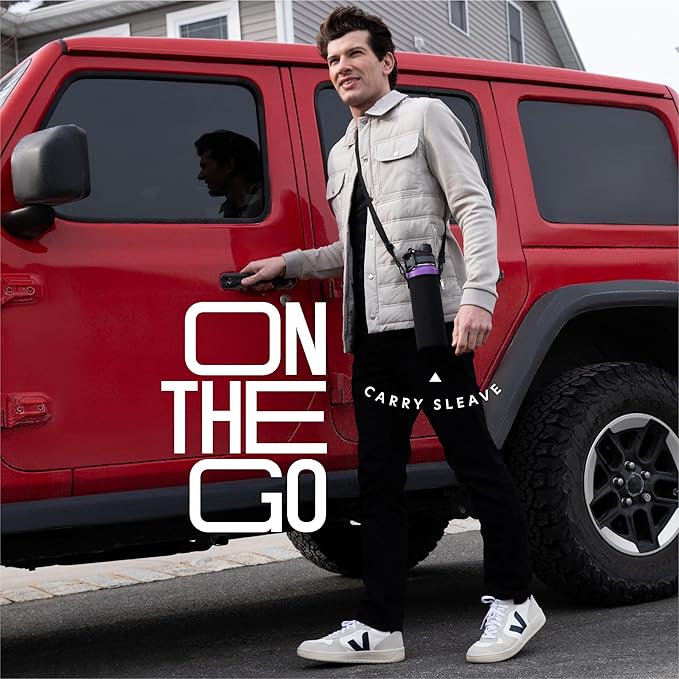 Insulated Water Bottle with Straw and Handle 22 oz-Stainless Steel Water Bottles with Straw, Dual Cap Function & Sleeve, Keeps Drinks Hot Up to 12 Hours & Cold Up to 24 Hours (Purple)