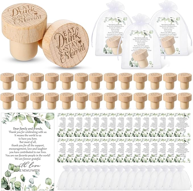 Barydat 50 Sets Wedding Favors for Guests Bulk Engraved Wood Wine Bottle Corks Wine Stopper with Wedding Thank You Cards and Organza Bags Wedding Appreciation Gifts for Guest Thank You Gifts (Bright)