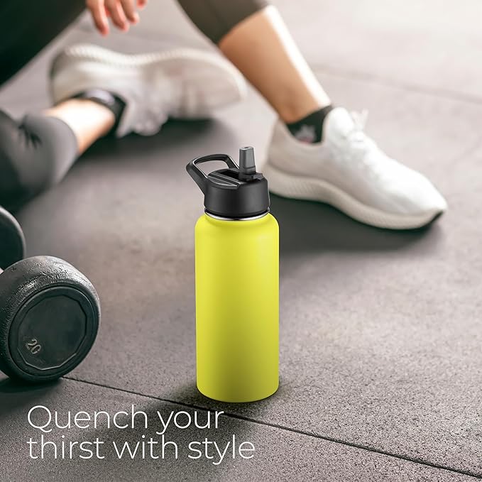 SipX™ Triple-Insulated Stainless Steel Water Bottle 32oz. With 3 Lids, BPA-Free Reusable Insulated Water Bottle Keeps Cold 24 Hours, Metal Water Bottle Made Of Sustainable Material For Hiking & Biking