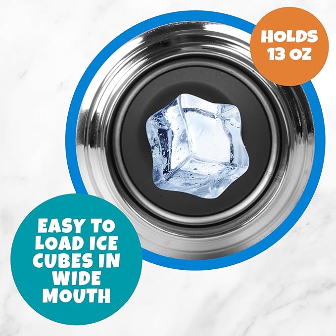 Bentology Stainless Steel 13oz Insulated Kids Water Bottle w Built In Straw- Easy to Open, Reusable BPA-Free, Fits in Most Lunch Boxes for Boys, Girls, School, Sports, Camp- Keep Drink Cold All Day