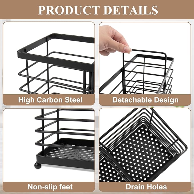 RedCall 3 Compartments Utensil Holder,Extra Large Cooking Utensil Organizer for Countertop,Black Metal Spoon Spatula Holder,Kitchen Tools Storage Holder,Kitchen Decor