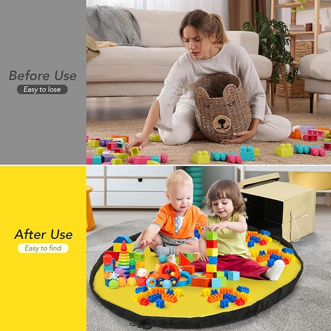 Toy Storage Organizer and Play Mat for Kids - Foldable Organizer Storage Bins with Lids - Detachable Mat Storage Bag Kids Toy Box for Boys, Girls, Nursery, Playroom 11.6''x11.6''x15.5''(Beige)