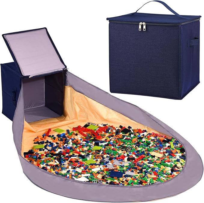 Toy Storage Basket and Play Mat for Kids, Foldable and Stackable Toy Storage Organizer for Building Bricks & Blocks, Toy Box Bin for Boys, Girls, Nursery, Playroom, 13"x13"x13" (Navy Blue)