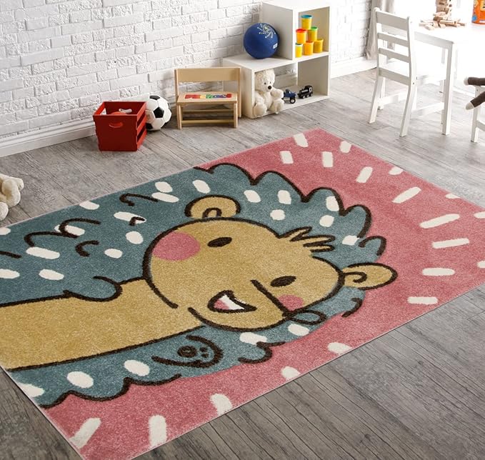 KC Cubs Boy & Girl Modern Decor Multicolor Area Rug and Carpet Collection for Kids, Toddlers and Baby Nursery, Animal Face Pink Huggable Hedgehog