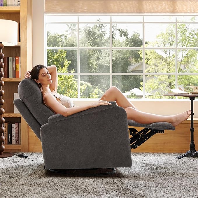 Swivel Rocking Recliner Glider Chair, Upholstered Fabric Reclining Rocker Chair with Footrest for Living Room, Nursery, Bedroom, Ergonomic High Backrest, Wide Seat Cushion and Metal Base-Charcoal
