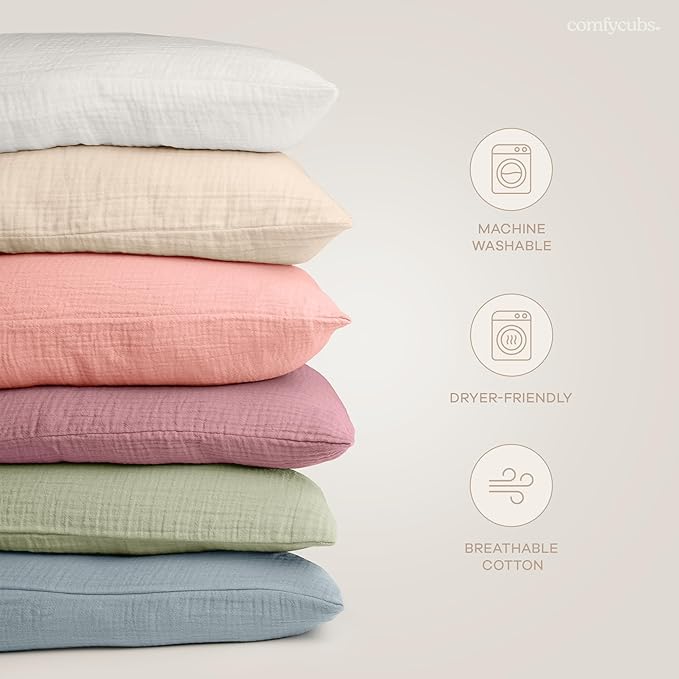 Comfy Cubs Toddler Pillow with Soft Muslin Pillowcase, 13"x18", Cream (2 Pack) - Kids Pillow for Sleeping & Travel - Comfortable Small Pillow - Kids Travel Pillow with Breathable Microfiber Fill
