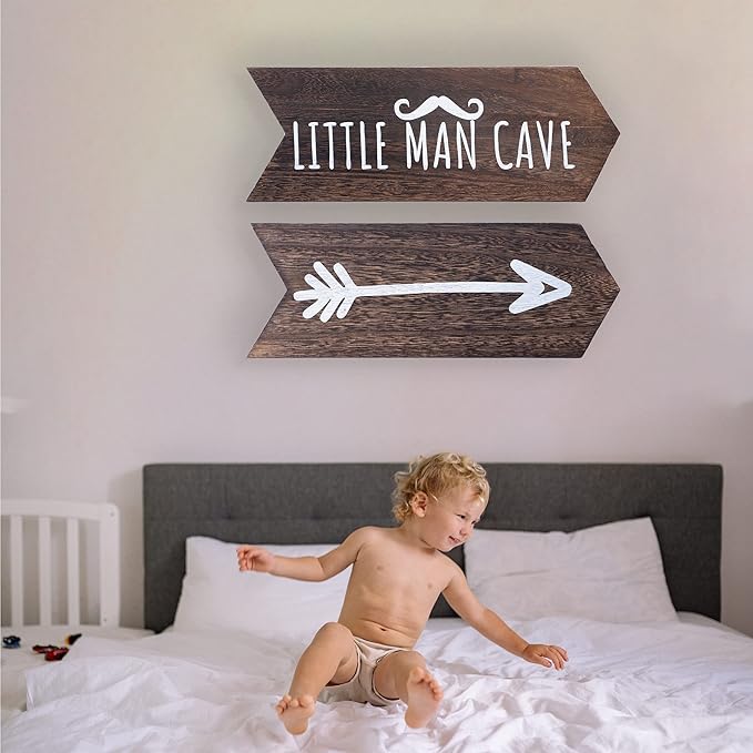 Nursery Wall Decor - 2 Pcs Little Man Cave Sign, Baby Boy Woodland Nursery Decor for Kids Toddler Bedroom Playroom Sign Decoration, Wooden Arrow Wall Art Brown (14 inch)