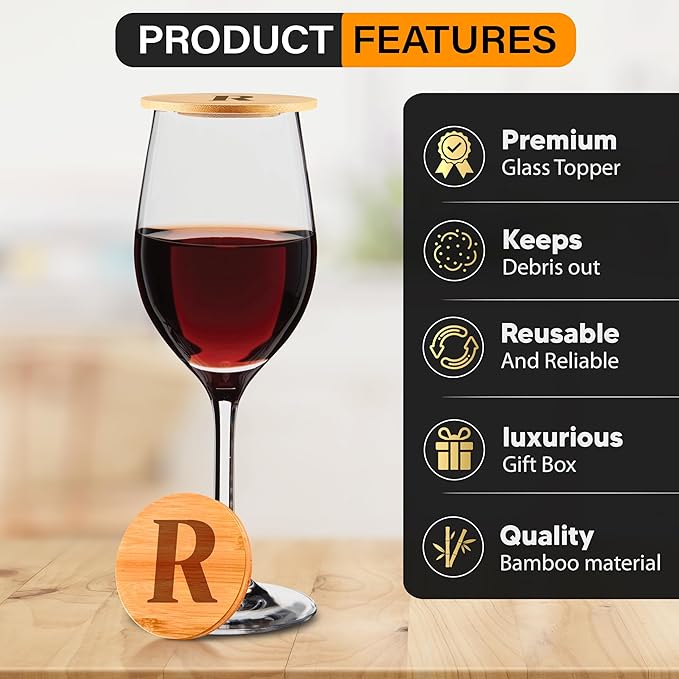 Personalized Wine Glass Charcuterie Topper - Custom Laser Engraved Initial Bamboo Wine Glass Topper Stopper Coasters Plate ID Identification Wine Glass Charcuterie Board Topper (Letter R)