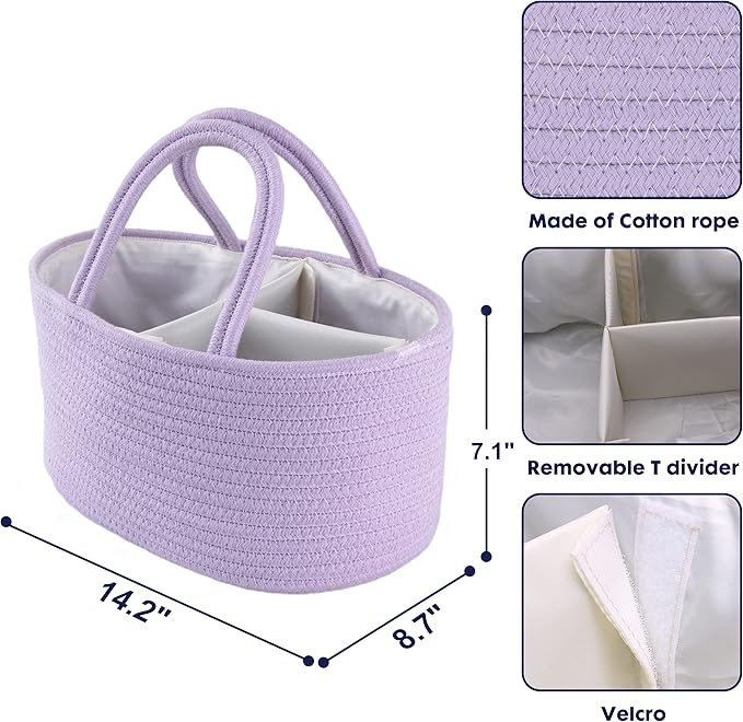 Baby Diaper Caddy Organizer Cotton Rope Nursery Storage Bin Basket Portable Holder Tote Bag for Changing Table Car Travel Baby Shower Gifts Newborn Essentials Registry Must Have Purple or Lavender