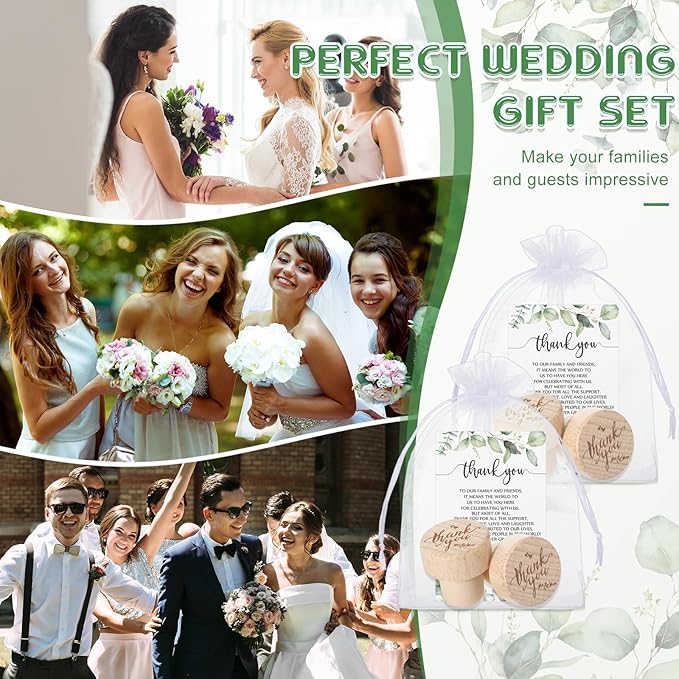 Barydat 50 Sets Wedding Favors for Guests Bulk Engraved Wood Wine Bottle Corks Wine Stopper with Wedding Thank You Cards and Organza Bags Wedding Appreciation Gifts for Guest Thank You Gifts (Stylish)