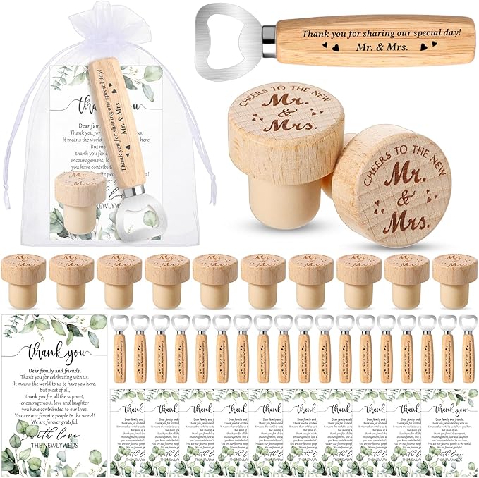 Barydat 36 Sets Wedding Favors for Guests Mr and Mrs Wooden Wine Stopper Cork Beer Bottle Opener with Wedding Thank You Gift Card Organza Bag Wedding Gifts for Engagement Bridal Shower Party Supplies
