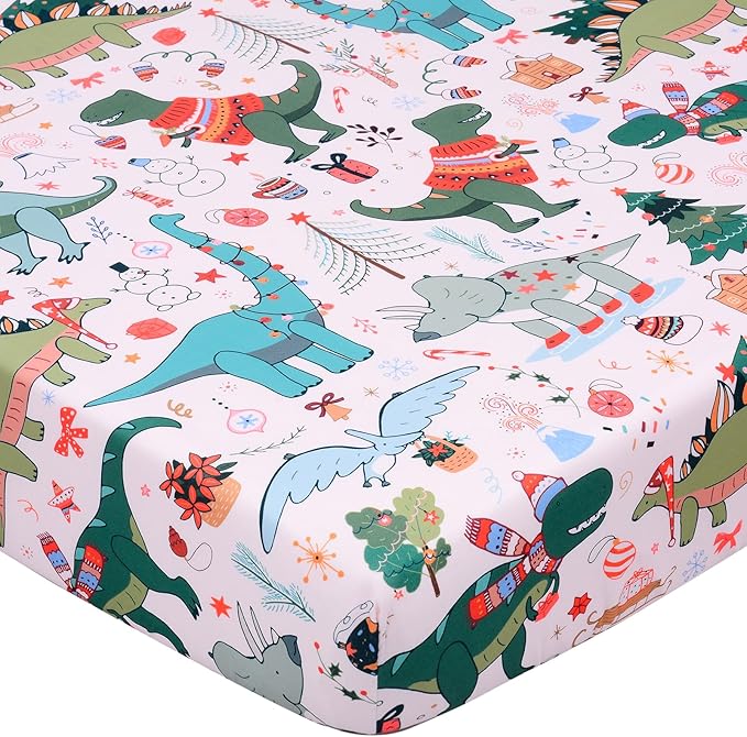JISEN Christmas Crib Sheet Dinosaurs Fitted Crib Sheets 1 Piece Soft Baby Crib Sheets for Standard Crib and Toddler Mattress Pink Baby Bed Sheets for Crib for Baby Boys Girls Neutral 28x52 Inch