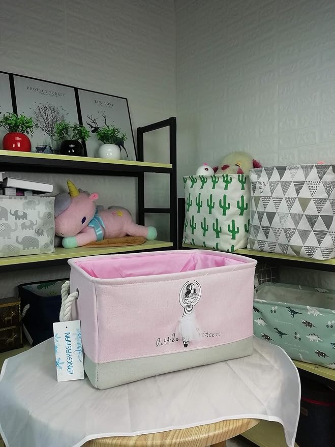 LANGYASHAN Rectangular Storage Bin Collapse Canvas Fabric Cartoon Storage Basket with Handles for Organizing Home Kitchen Boys and Girls Toys Office Closet Shelf Baskets (Girl)