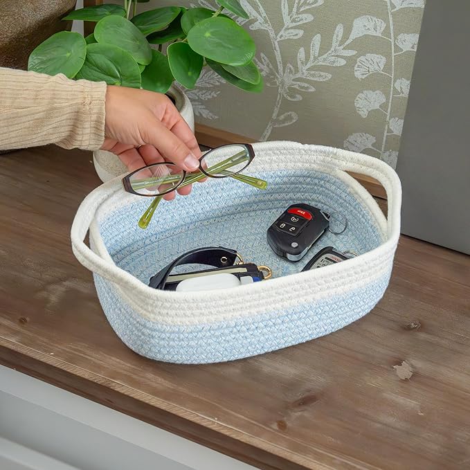 OrganiHaus Set of 5 Rectangle Bathroom Storage Baskets for Organizing, Small Woven Baskets for Storage Basket for Bathroom, Nursery Storage Basket for Baby Nursery Organization, Cute Bins, Blue/White