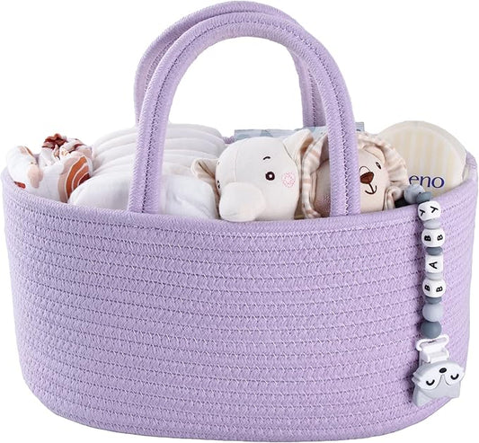 Baby Diaper Caddy Organizer Cotton Rope Nursery Storage Bin Basket Portable Holder Tote Bag for Changing Table Car Travel Baby Shower Gifts Newborn Essentials Registry Must Have Purple or Lavender