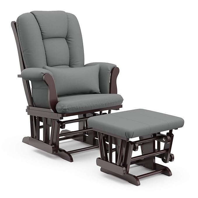 Storkcraft Tuscany Custom Glider and Ottoman with Free Lumbar Pillow (Espresso/Grey) - Cleanable Upholstered Comfort Rocking Nursery Chair with Ottoman