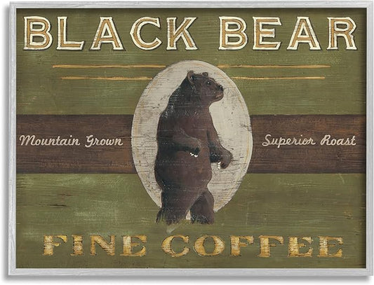 Stupell Industries Black Bear Fine Coffee Rustic Kitchen Mountain Animal, Designed by June Erica Vess Gray Framed Wall Art, 16 x 20, Green