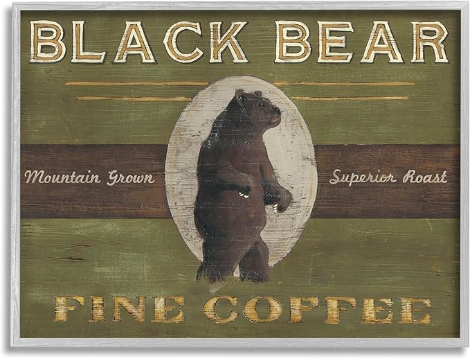 Stupell Industries Black Bear Fine Coffee Rustic Kitchen Mountain Animal, Designed by June Erica Vess Gray Framed Wall Art, 11 x 14, Green