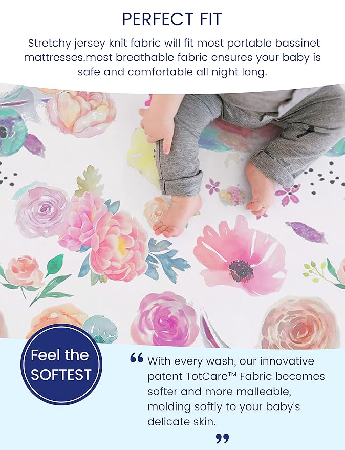 TotAha Premium Stretchy Bassinet Cradle Sheets (2-Pack) -Hypoallergenic, Silky Comfort, Buttery Soft, Calming Effect, All-Season Jersey-Knit Sheets,32 X 16 X 3''(Colorful Flora & Blue Flowers)