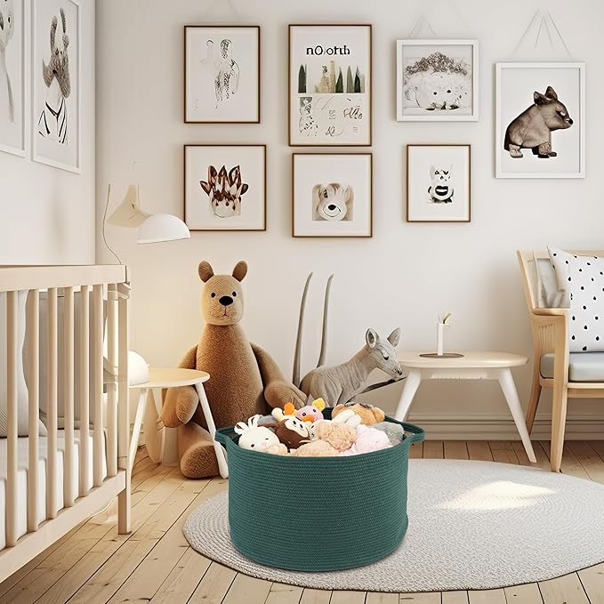 Large Cotton Rope Basket Blankets Basket Living Room 22"x14" Toy Basket for Kids Rope Storage Basket for Nursery Woven Laundry Basket for Clothes Towels Baby Toy Storage round dark green