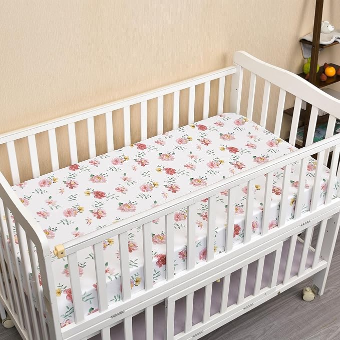 PHF Soft Floral Crib Sheet Fitted, 2 Pack Silky Comfy Breathable Baby Sheets for Girls, 28x52x9in Fits Standard Crib and Toddler Mattresses, Watercolor Floral