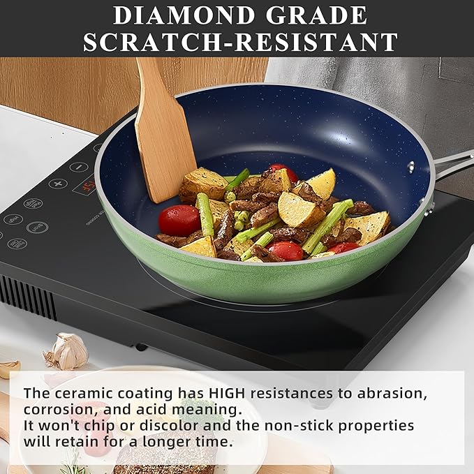 Nuwave Healthy Duralon Blue Ceramic Nonstick Cookware Set, Diamond Infused Scratch-Resistant, PFAS Free, Dishwasher & Oven Safe, Induction Ready & Evenly Heats, Tempered Glass Lids & Stay-Cool Handles