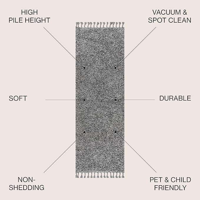 JONATHAN Y MCR100B-28 Mercer Shag Plush Tassel Indoor Runner Rug Bohemian Modern Contemporary Solid Easy-Cleaning Bedroom Kitchen Living Room, 2 X 8, Charcoal with Tassel