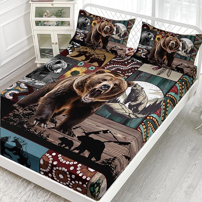 AILONEN Roaring Bear Fitted Sheet Set Full Size, Rustic Cabin Bed Sheet Set,Wildlife Bedding Grey Bear Plaid Sheet Set,3 Pieces Teen Men Boys Bed Sheet Set,1 Fitted Sheet with 2 Pillowcases