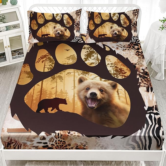 AILONEN Cute Bear Twin XL Fitted Sheet Set for Girls Boys, Bear Paw Sheet Leopard Print Fitted Sheet with 2 Pillowcases,3 Pieces Rustic Vintage Bear Bed Sheet Set