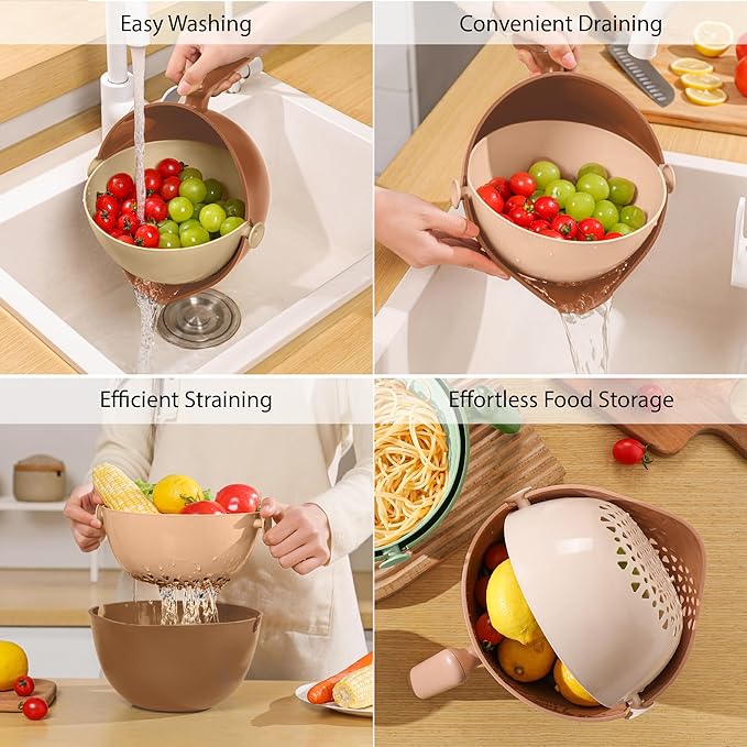 Chef's Path 2 in 1 Kitchen Strainer and Colander for Kitchen, Multifunctional Food Strainer Set, BPA Free Plastic Colander with Handle, Pasta Drainer, Veggie and Fruit Cleaner - Peach